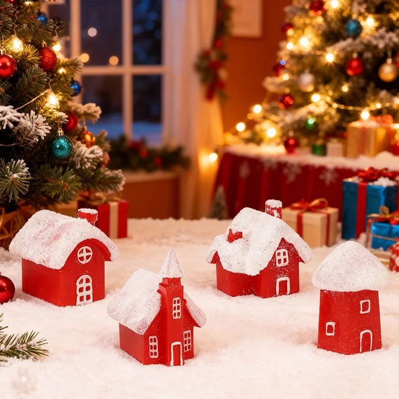 4Pcs Winter Village Snowy House Christmas Resin Miniature Red House Christmas Home Decoration Ornament New Year Party Cake Decor