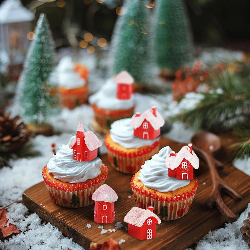 4Pcs Winter Village Snowy House Christmas Resin Miniature Red House Christmas Home Decoration Ornament New Year Party Cake Decor
