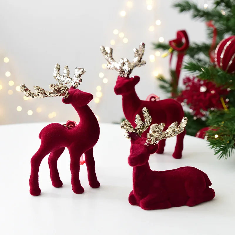 2025 New Christmas Elk Ornament Christmas Tree Ornament Flashing Powder Wine Red Flocking Deer Ornament