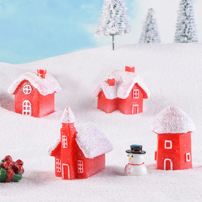 4Pcs Winter Village Snowy House Christmas Resin Miniature Red House Christmas Home Decoration Ornament New Year Party Cake Decor