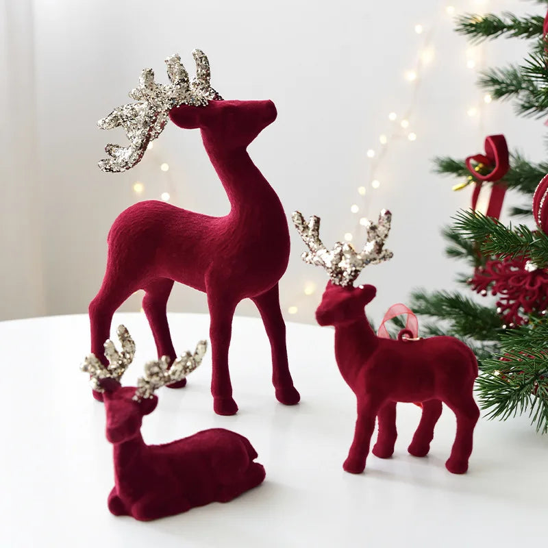2025 New Christmas Elk Ornament Christmas Tree Ornament Flashing Powder Wine Red Flocking Deer Ornament