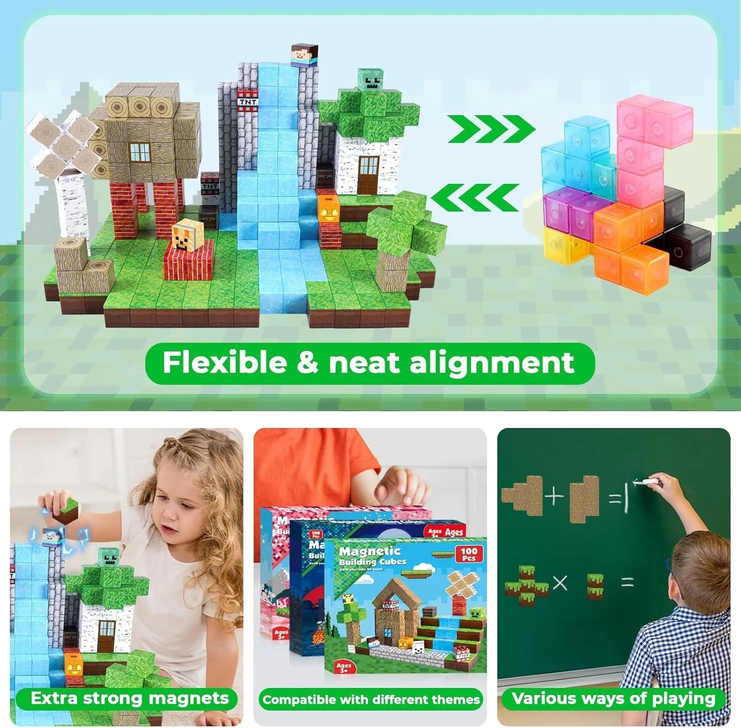 100PCS Magnetic Building Blocks Magnet Cube Toys Stacking,Build Forest World Set, STEM Montessori Sensory Toys for Kids as Gifts