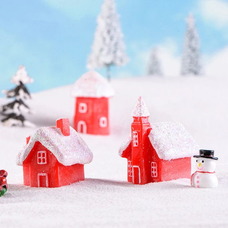 4Pcs Winter Village Snowy House Christmas Resin Miniature Red House Christmas Home Decoration Ornament New Year Party Cake Decor