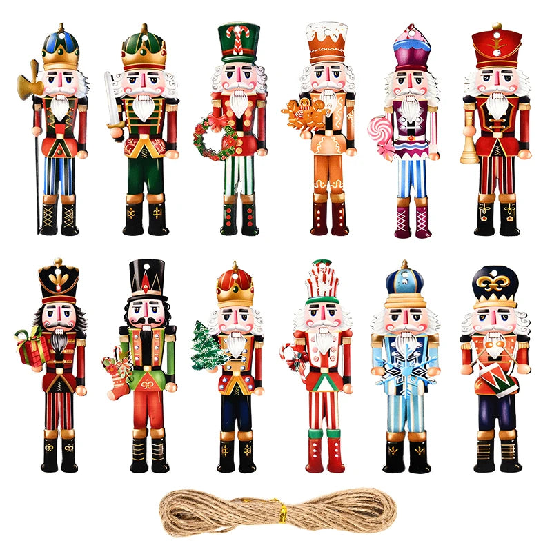 12Pcs Wooden Nutcracker Soldier Pendant Xmas Tree Hanging Ornament 2024 Christmas Decoration for Home Navidad 2025 New Year Gift
