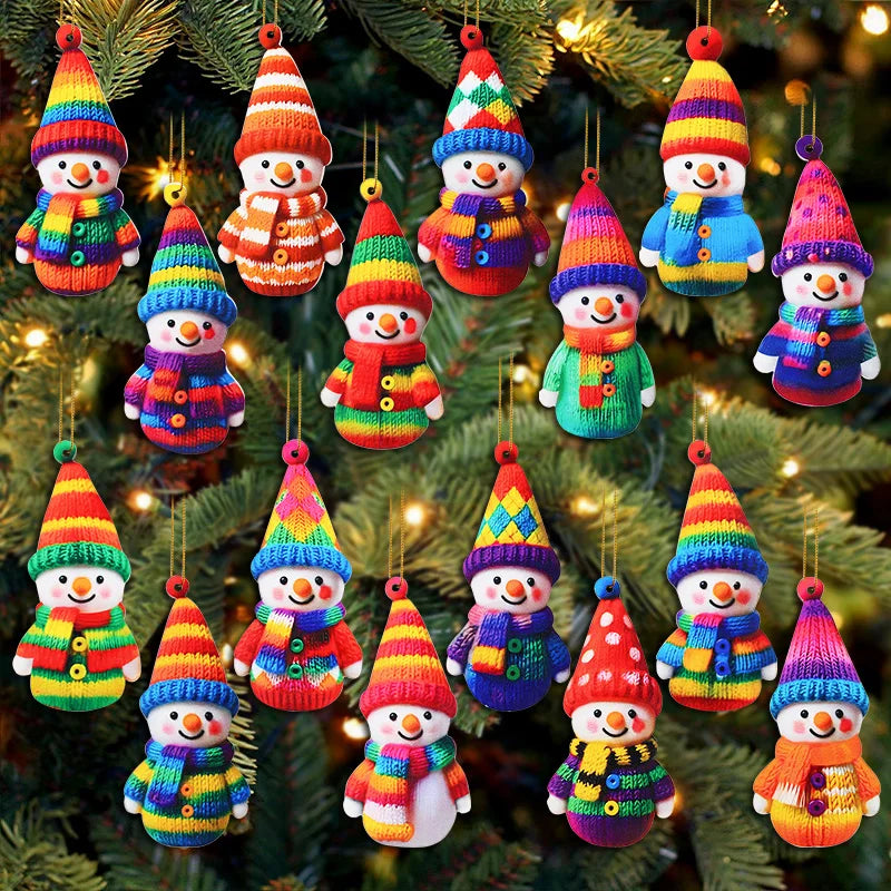 16Pcs Wooden Snowman Christmas Ornament 2D Flat Xmas Tree Hanging Pendant 2026 New Year Home Wall Fireplace Decoration Kids Gift
