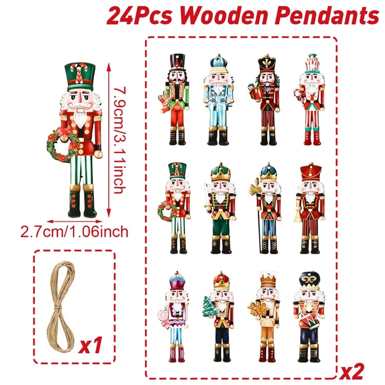 24pcs Christmas Nutcracker Soldier Wooden Pendant Xmas Tree Hanging Ornament 2025 Navidad Decoration for Home 2026 New Year Gift