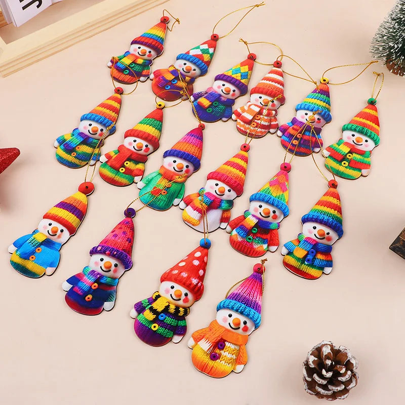 16Pcs Wooden Snowman Christmas Ornament 2D Flat Xmas Tree Hanging Pendant 2026 New Year Home Wall Fireplace Decoration Kids Gift
