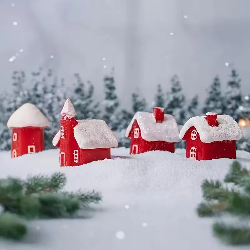 4Pcs Winter Village Snowy House Christmas Resin Miniature Red House Christmas Home Decoration Ornament New Year Party Cake Decor