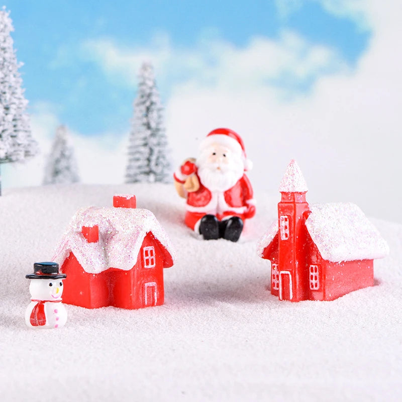 4Pcs Winter Village Snowy House Christmas Resin Miniature Red House Christmas Home Decoration Ornament New Year Party Cake Decor