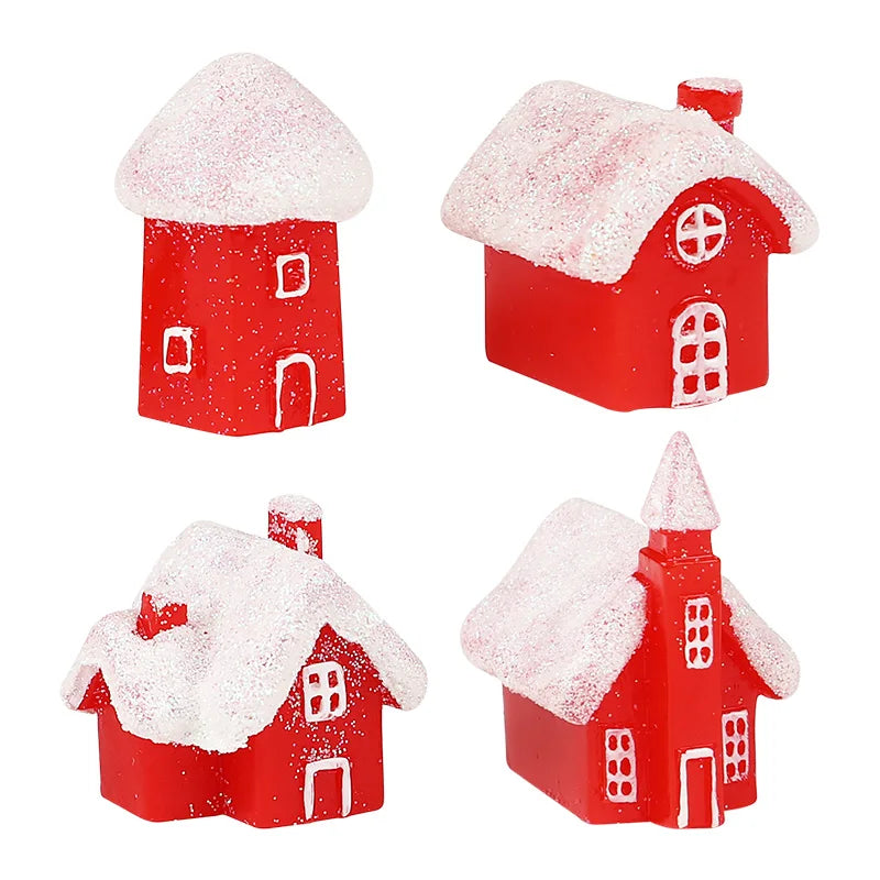 4Pcs Winter Village Snowy House Christmas Resin Miniature Red House Christmas Home Decoration Ornament New Year Party Cake Decor