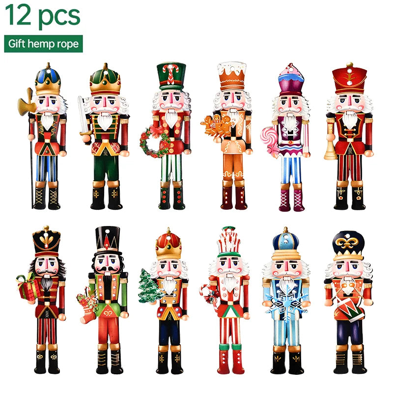12Pcs Wooden Nutcracker Soldier Pendant Xmas Tree Hanging Ornament 2024 Christmas Decoration for Home Navidad 2025 New Year Gift