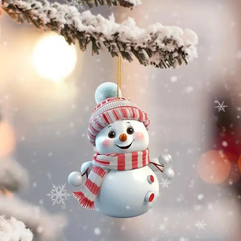 Christmas Snowman Pendant Hanging Ornament with Lanyard Cartoon 2D Acrylic Pendant Xmas Tree Decoration Cars Accessories