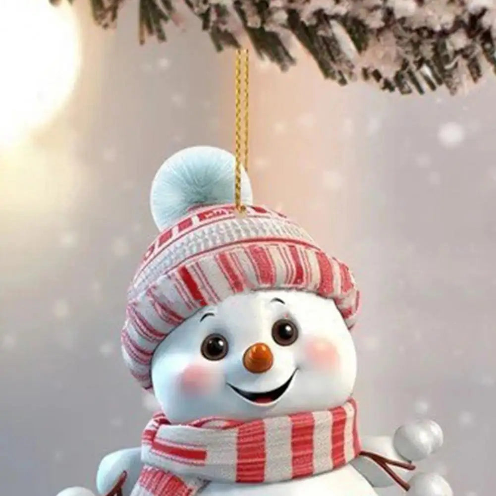 Christmas Snowman Pendant Hanging Ornament with Lanyard Cartoon 2D Acrylic Pendant Xmas Tree Decoration Cars Accessories