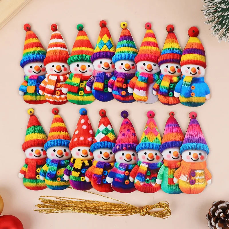 16Pcs Wooden Snowman Christmas Ornament 2D Flat Xmas Tree Hanging Pendant 2026 New Year Home Wall Fireplace Decoration Kids Gift