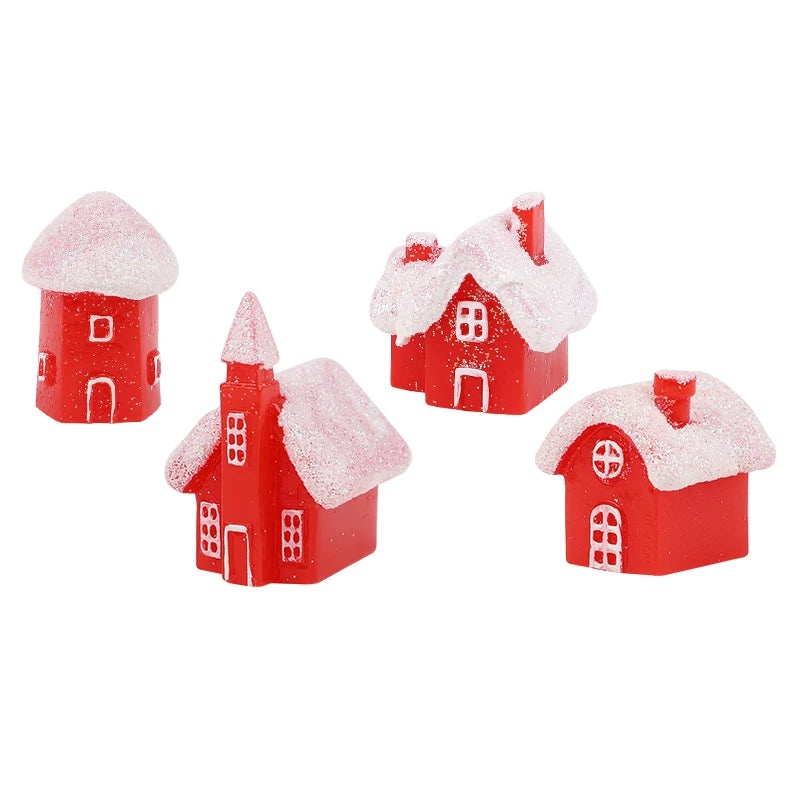 4Pcs Winter Village Snowy House Christmas Resin Miniature Red House Christmas Home Decoration Ornament New Year Party Cake Decor