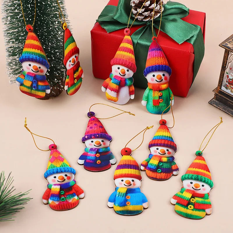 16Pcs Wooden Snowman Christmas Ornament 2D Flat Xmas Tree Hanging Pendant 2026 New Year Home Wall Fireplace Decoration Kids Gift