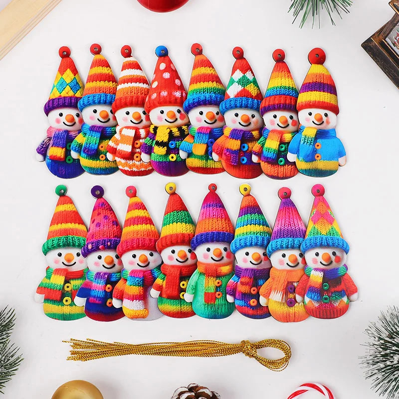 16Pcs Wooden Snowman Christmas Ornament 2D Flat Xmas Tree Hanging Pendant 2026 New Year Home Wall Fireplace Decoration Kids Gift