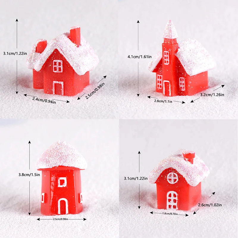 4Pcs Winter Village Snowy House Christmas Resin Miniature Red House Christmas Home Decoration Ornament New Year Party Cake Decor